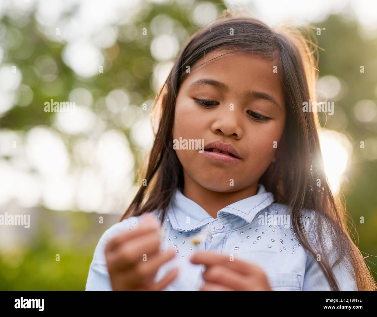 She enjoys exploring the outdoors. a little girl playing outdoors. Stock Photo
