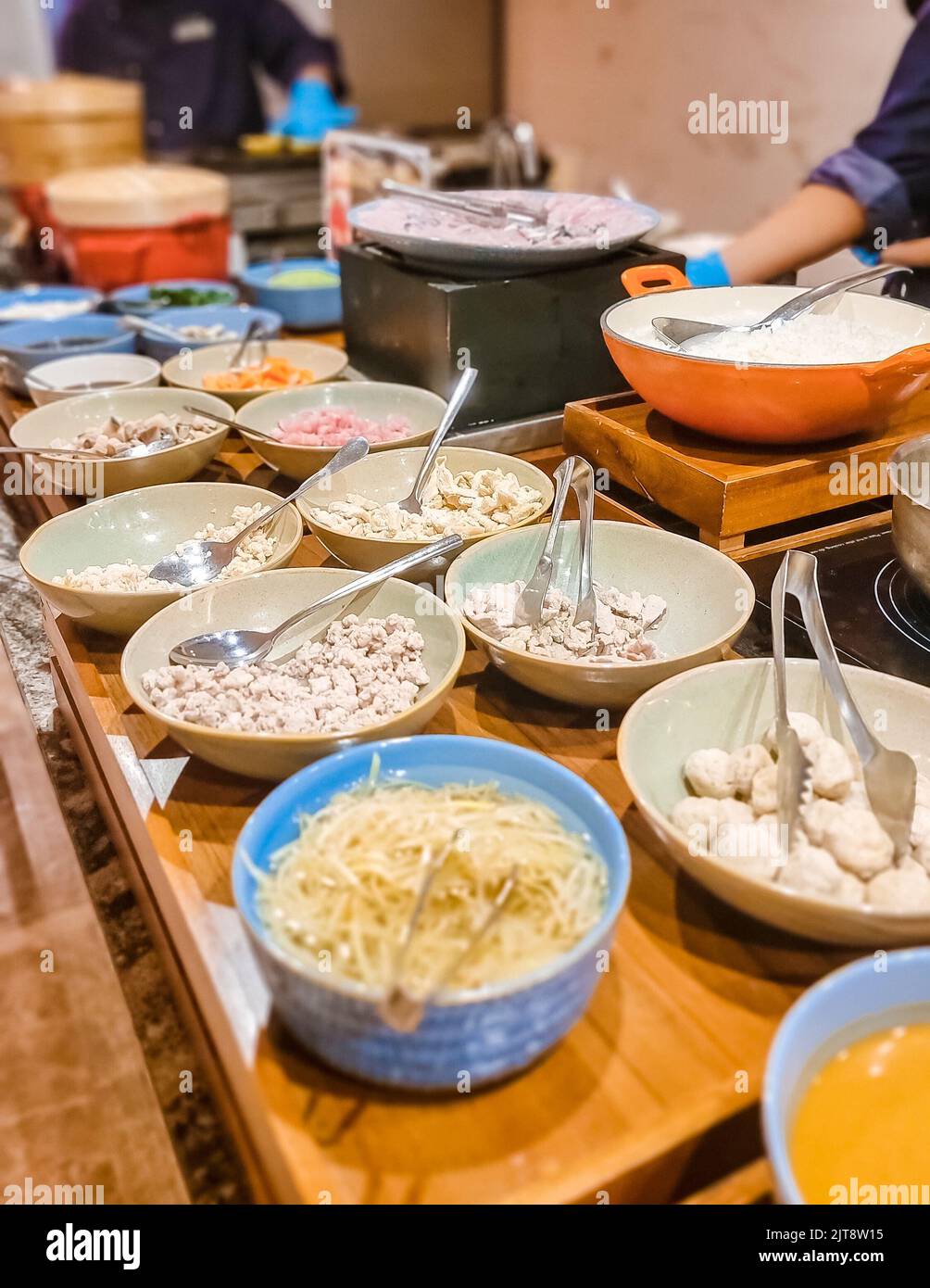 Breakfast buffet in a luxury hotel. Japanese corner with sushi and