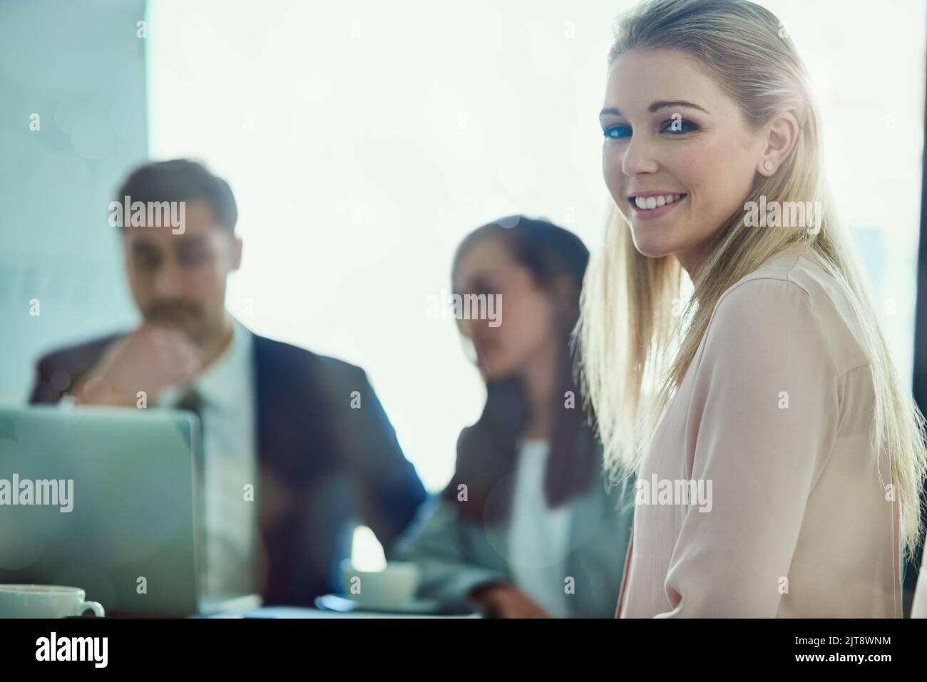 Making her way up the corporate ladder. Portrait of a smiling young executive sitting in a boardroom with coworkesr in the background. Stock Photo