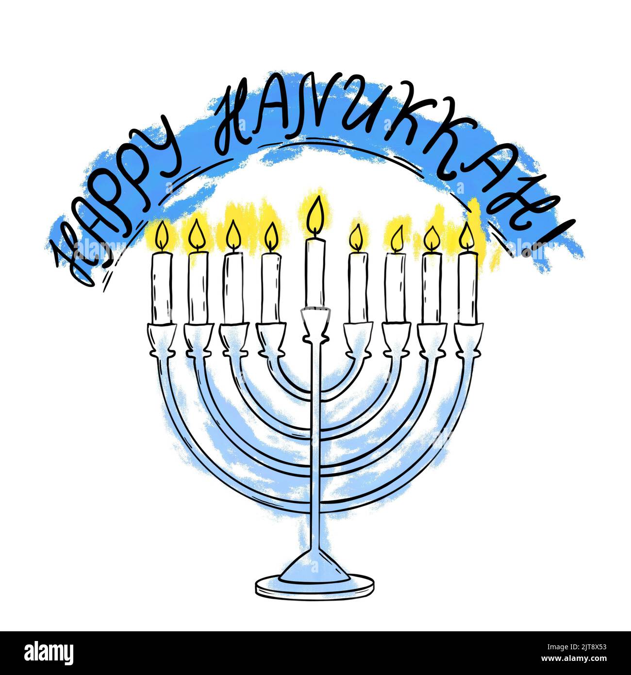 Hand drawn illustration of hannukah menorah with happy hannukah greeting . Burning blue yellow