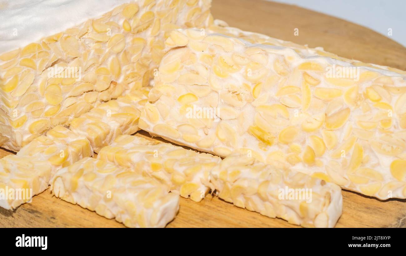Raw slices of Tempeh, typical Indonesian food fermented made from