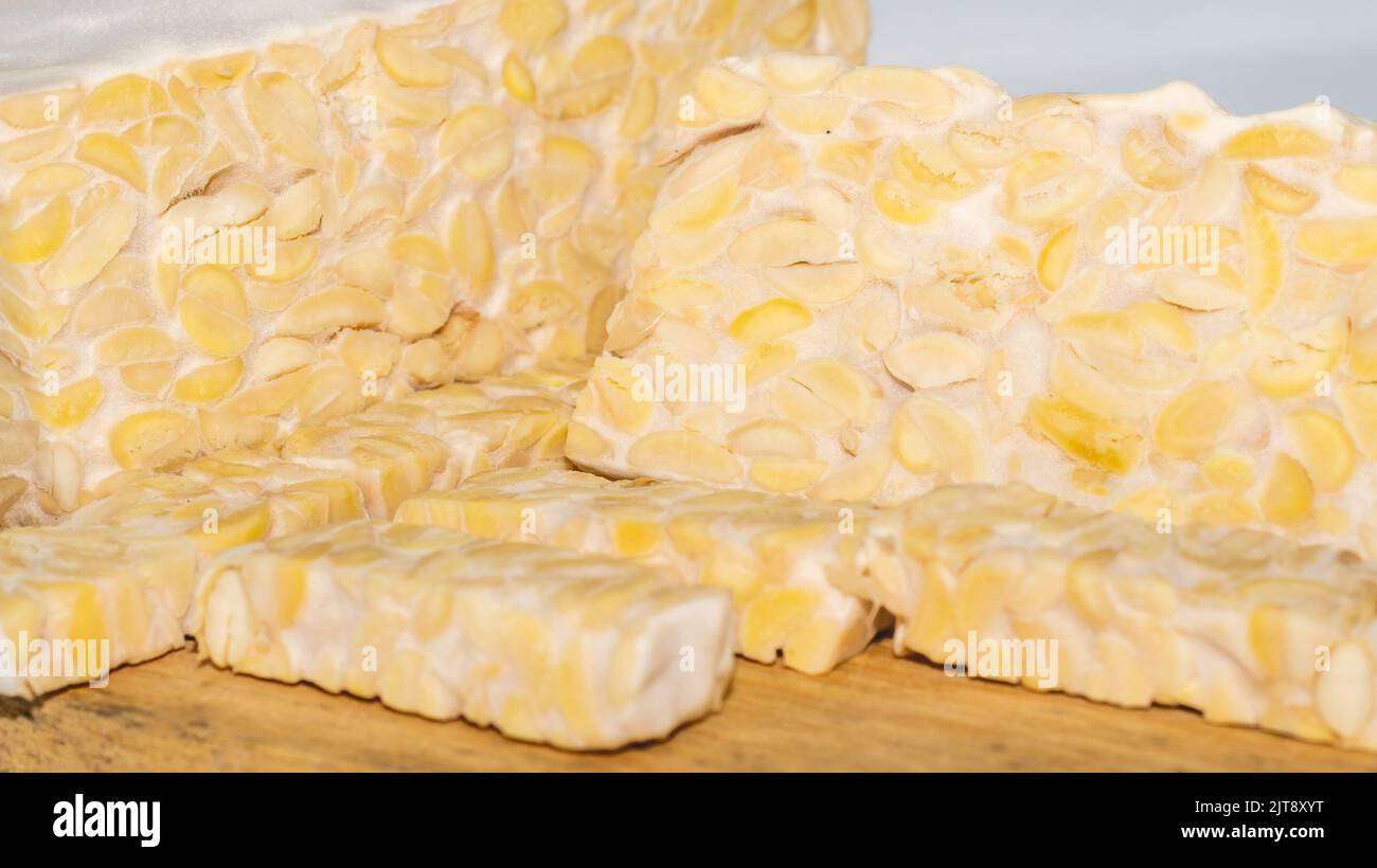 Raw slices of Tempeh, typical Indonesian food fermented made from
