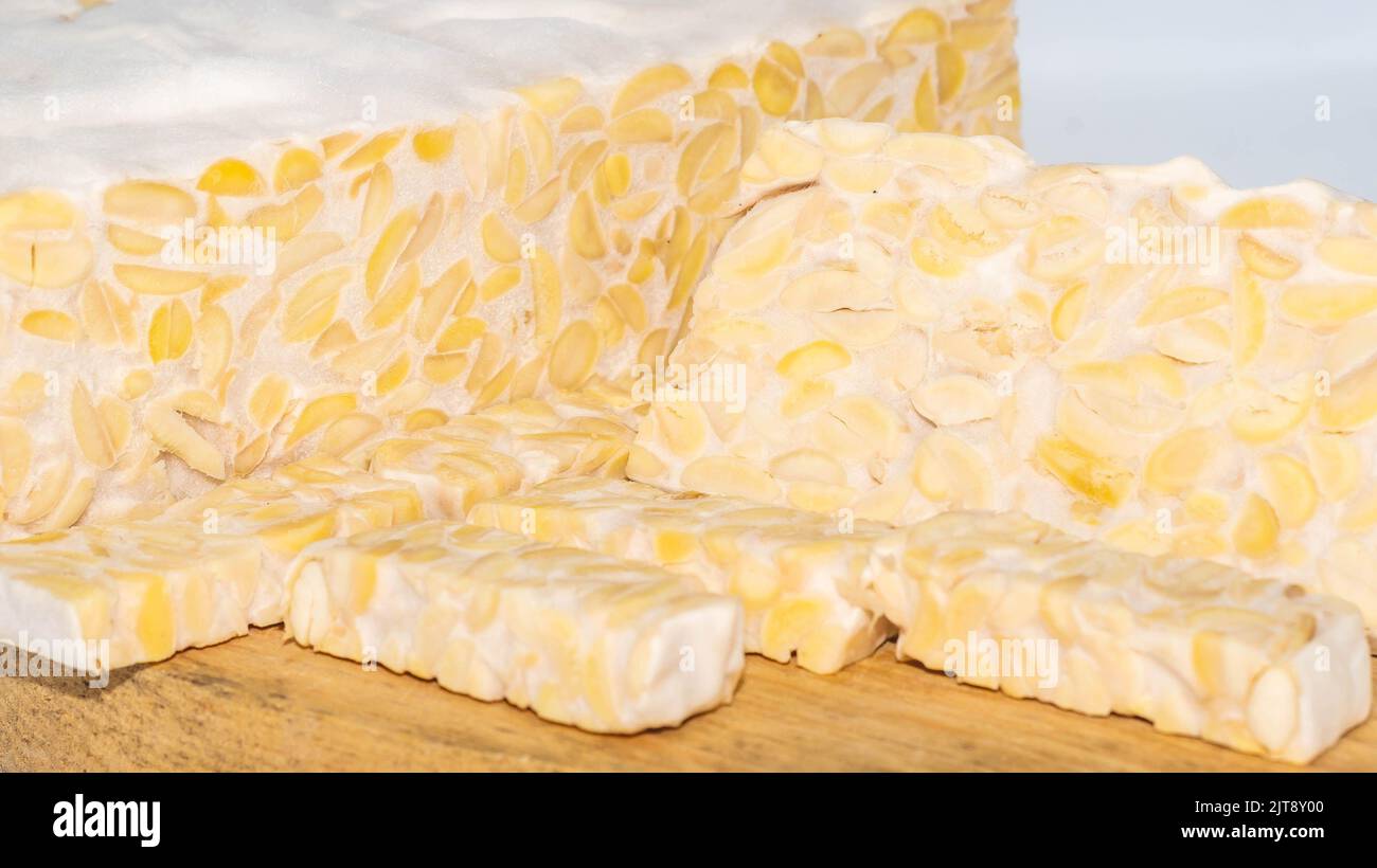 Raw slices of Tempeh, typical Indonesian food fermented made from