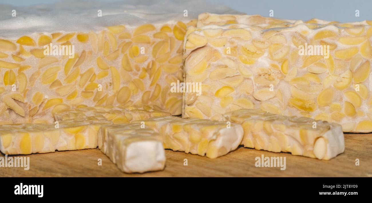 Raw slices of Tempeh, typical Indonesian food fermented made from fermented soybeans. Tempeh is