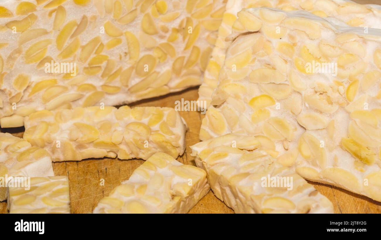 Raw slices of Tempeh, typical Indonesian food fermented made from