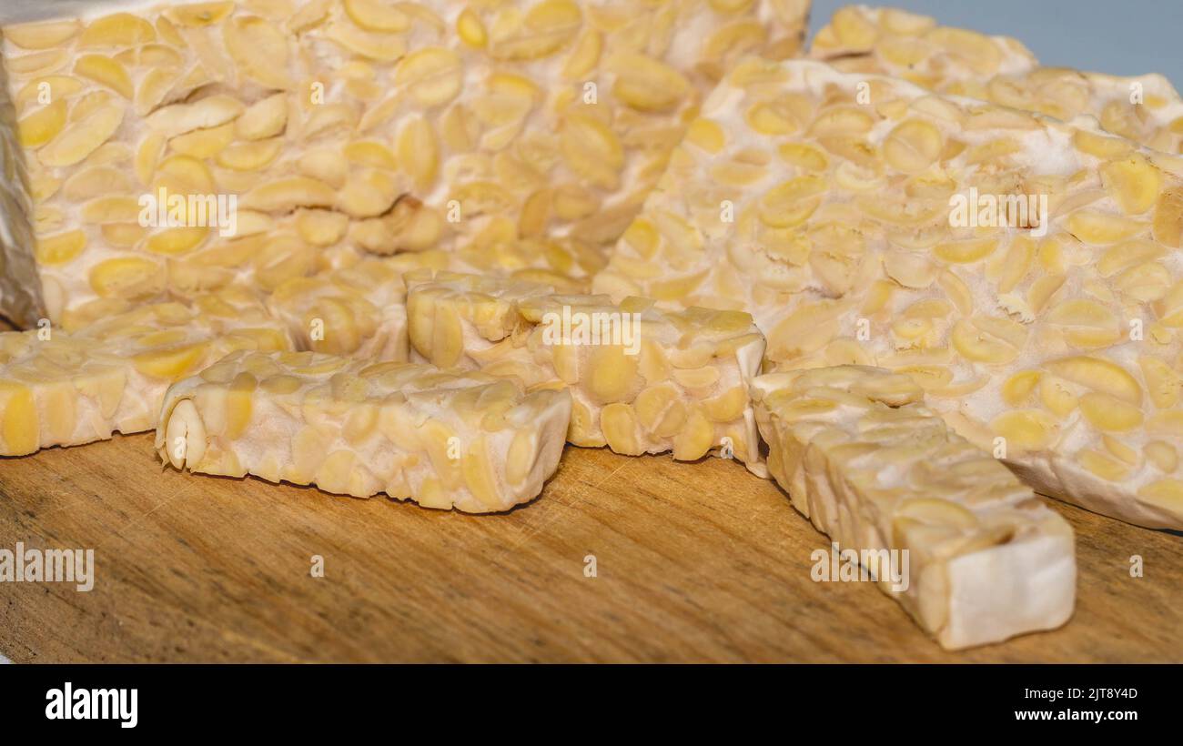 Raw slices of Tempeh, typical Indonesian food fermented made from