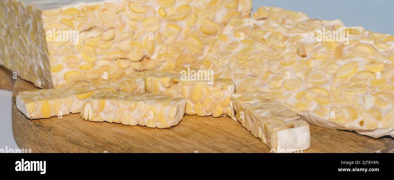 Raw slices of Tempeh, typical Indonesian food fermented made from