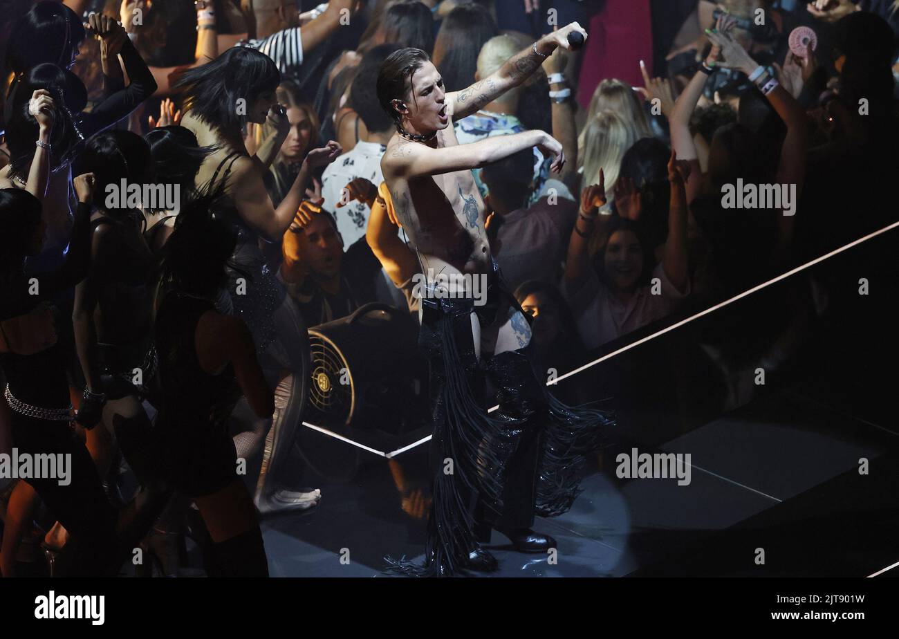 Newark, United Stated. 28th Aug, 2022. Damiano David of MŒneskin performs at the 2022 MTV Video Music Awards 'VMA's' at the Prudential Center in Newark, New Jersey on Sunday, August 28, 2022. Photo by John Angelillo/UPI Credit: UPI/Alamy Live News Stock Photo