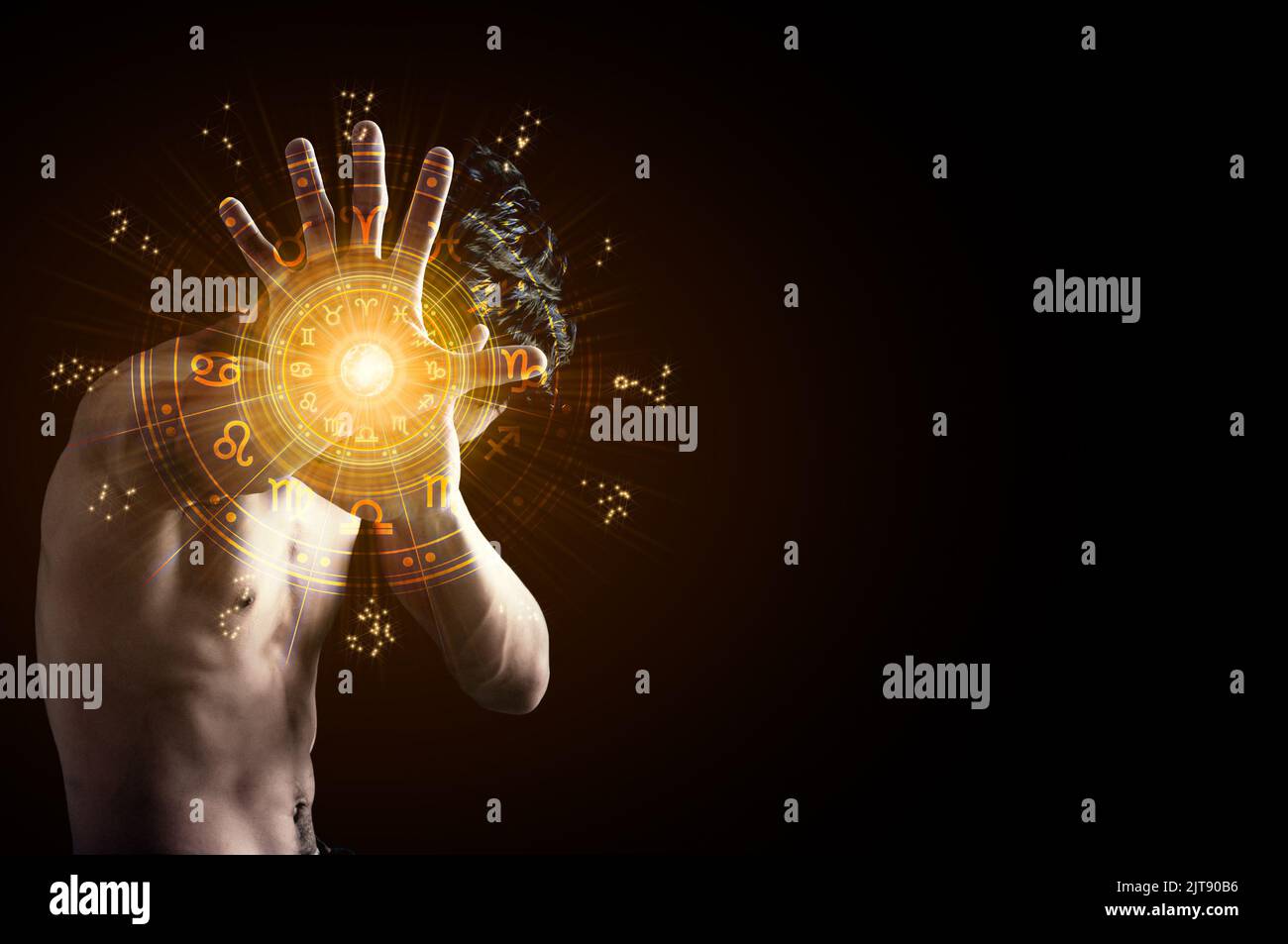 A man showing stop hands with the hands have astrological symbols. Stock Photo