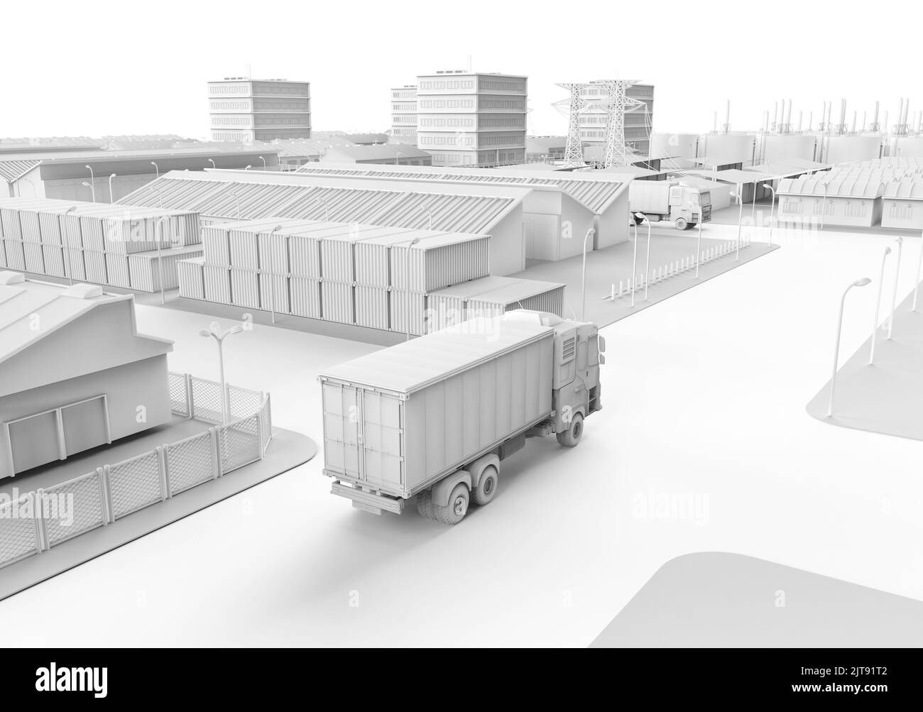 3d rendering white logistic trailer truck or lorry model in industrial estate for smart logistic or white industrial Stock Photo
