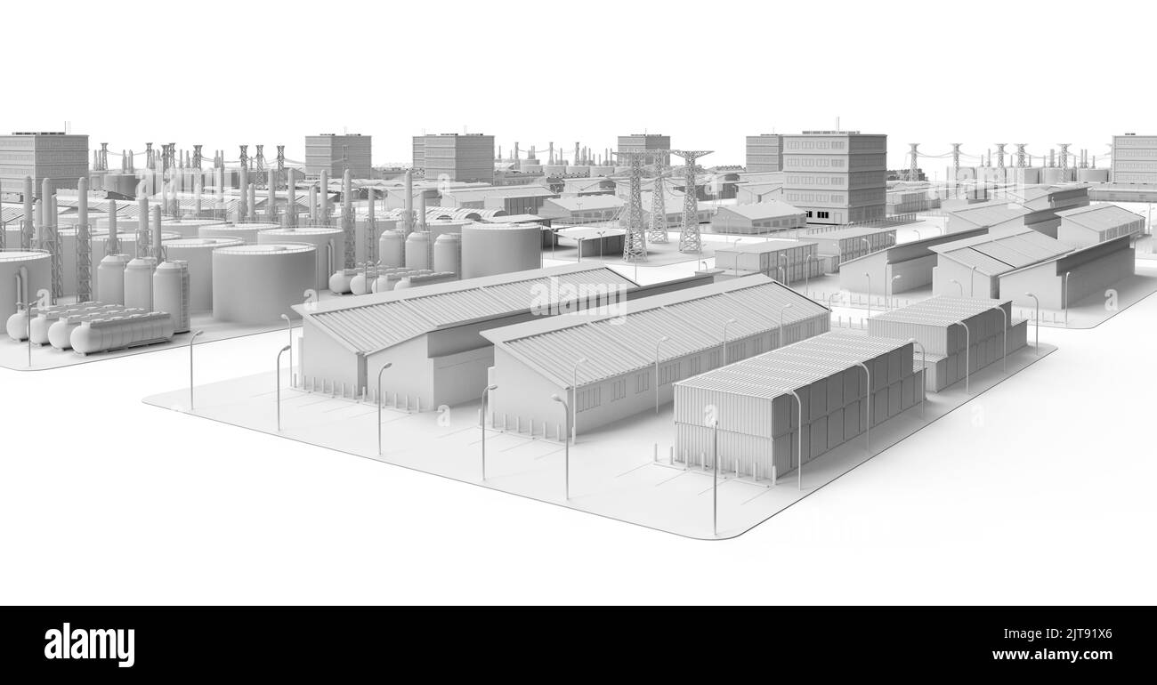 3d rendering white industry model or smart industrial estate park with infrastructure development Stock Photo
