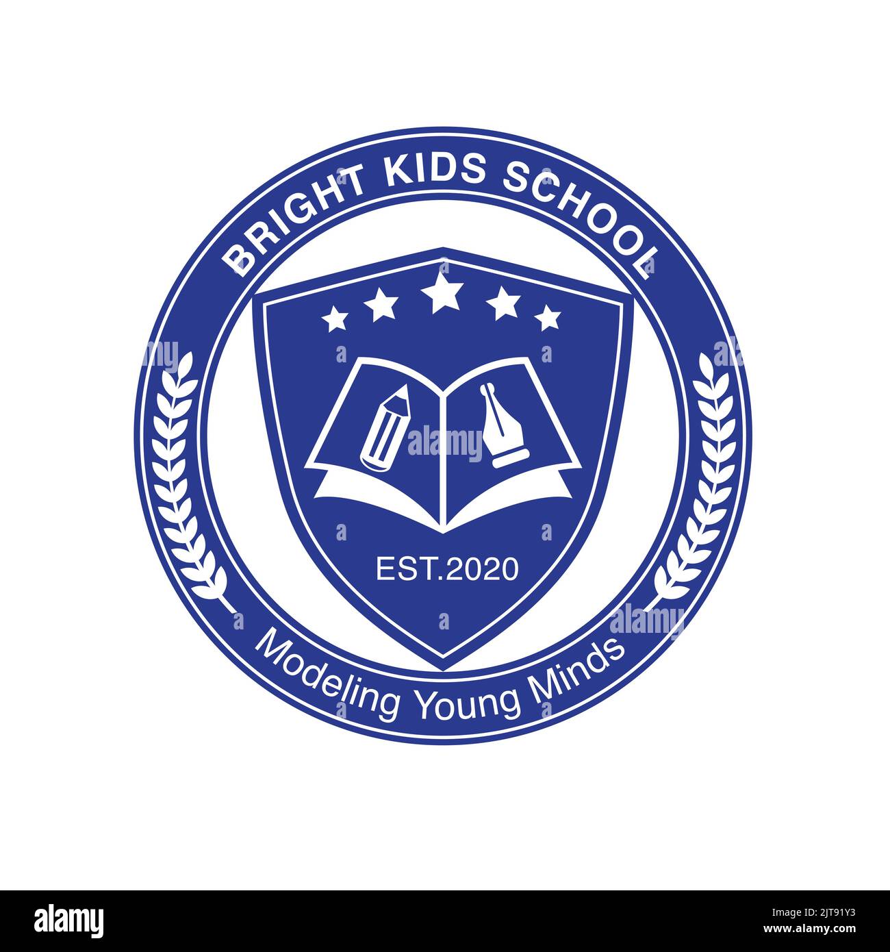 school logo education logo with book pen pencil stars symbols shield and leaves vector logo  illustration Stock Vector