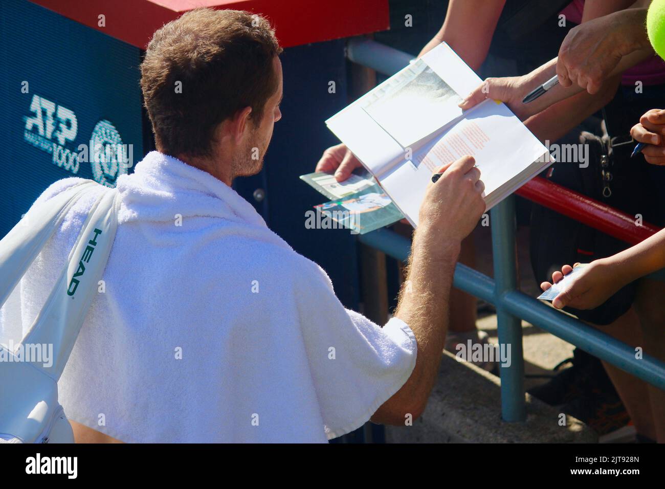 Andy Murray of Britain signs autographs after practise at the IGA Stadium in Montreal, Canada at the National Bank Open. August 5, 2022. Stock Photo
