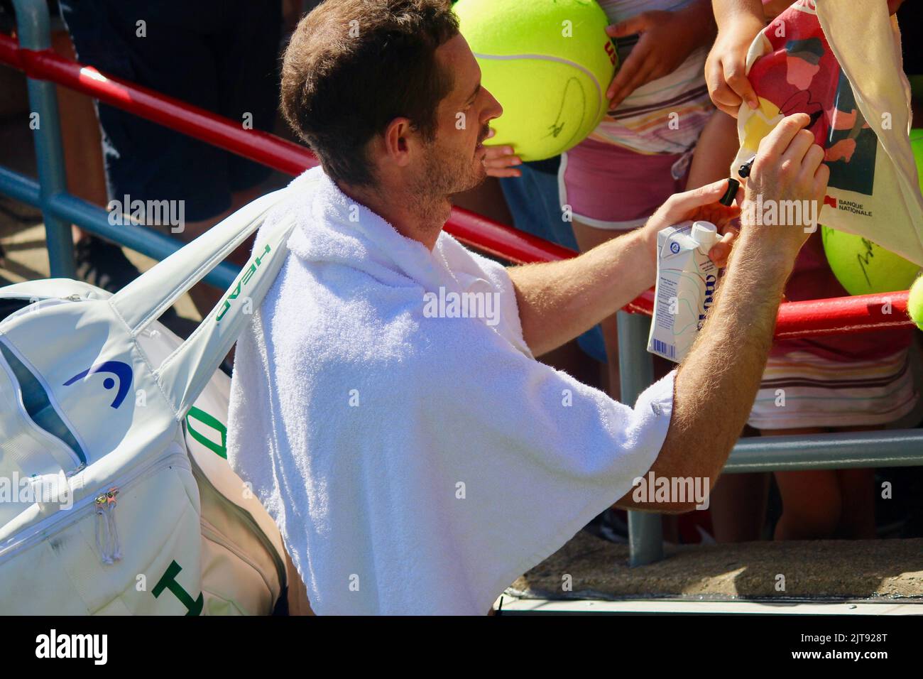 British tennis player, Andy Murray signs autographs after training at the IGA Stadium in Montreal, Canada. [ National Bank Open. August 5, 2022]. Stock Photo