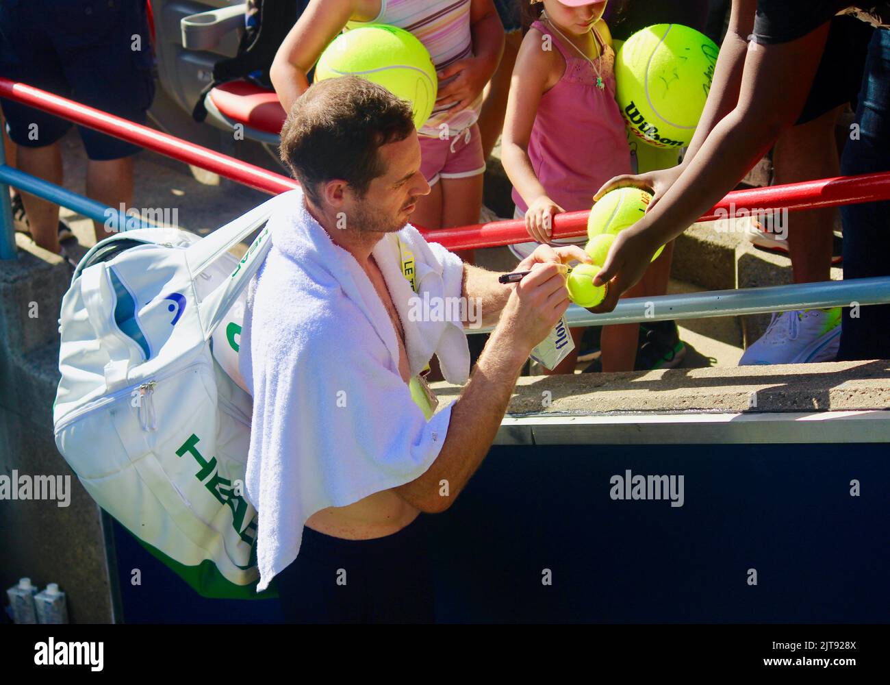 Andy Murray of Britain signs autographs as he exits the IGA Stadium after practise at the National Bank Open in Montreal, Canada. August 5, 2022. Stock Photo