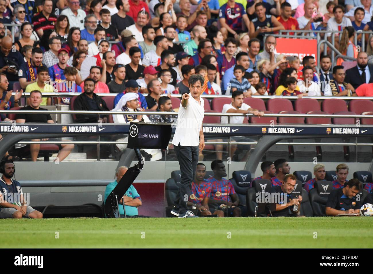 Barcelona, Spain. 28th Aug, 2022. BARCELONA, SPAIN - AUGUST 28: Juan José Rojo Martín, coach of Real Valladolid CF during La Liga match between FC Barcelona  and Real Valladolid CF at Barcelona on August 28, 2022 in Spotify Camp Nou Stadium, England. (Photo by Sara Aribó/PxImages) Credit: Px Images/Alamy Live News Stock Photo