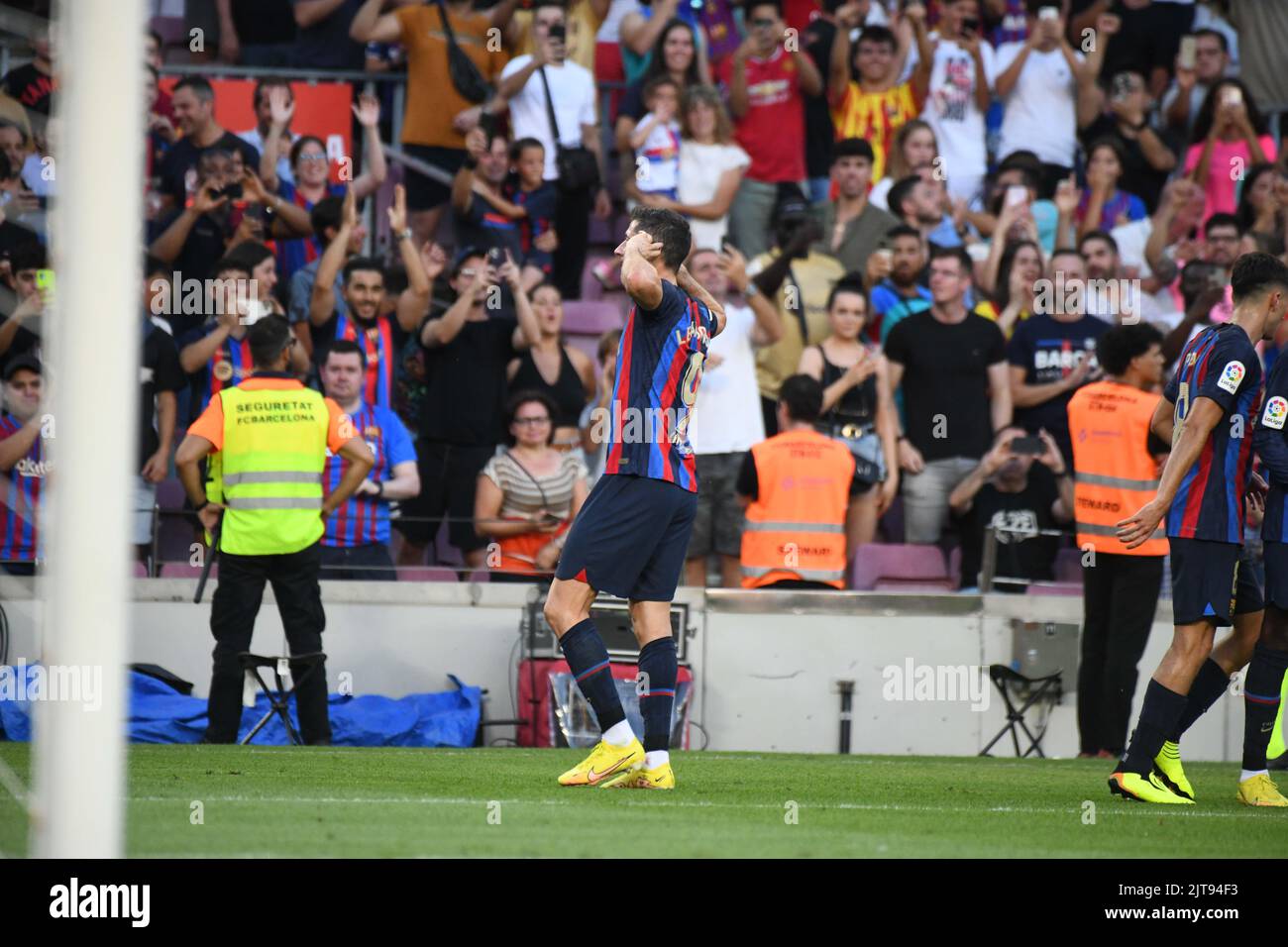 Barcelona, Spain. 28th Aug, 2022. BARCELONA, SPAIN - AUGUST 28: Robert Lewandowski of FC Barcelona celebrates after scoring a goal during La Liga match between FC Barcelona  and Real Valladolid CF at Barcelona on August 28, 2022 in Spotify Camp Nou Stadium, England. (Photo by Sara Aribó/PxImages) Credit: Px Images/Alamy Live News Stock Photo