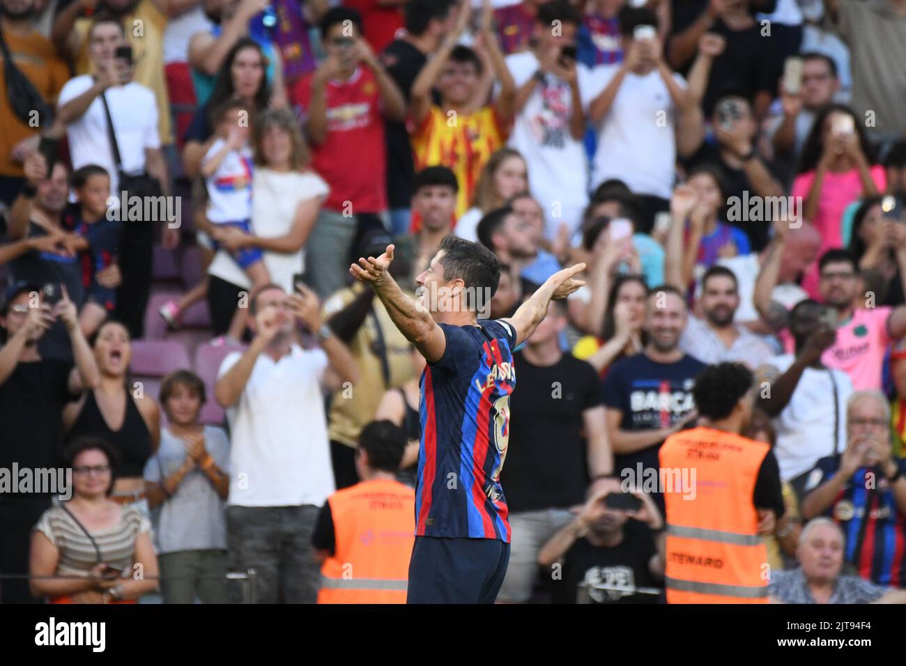 Barcelona, Spain. 28th Aug, 2022. BARCELONA, SPAIN - AUGUST 28: Robert Lewandowski of FC Barcelona celebrates after scoring a goal during La Liga match between FC Barcelona  and Real Valladolid CF at Barcelona on August 28, 2022 in Spotify Camp Nou Stadium, England. (Photo by Sara Aribó/PxImages) Credit: Px Images/Alamy Live News Stock Photo
