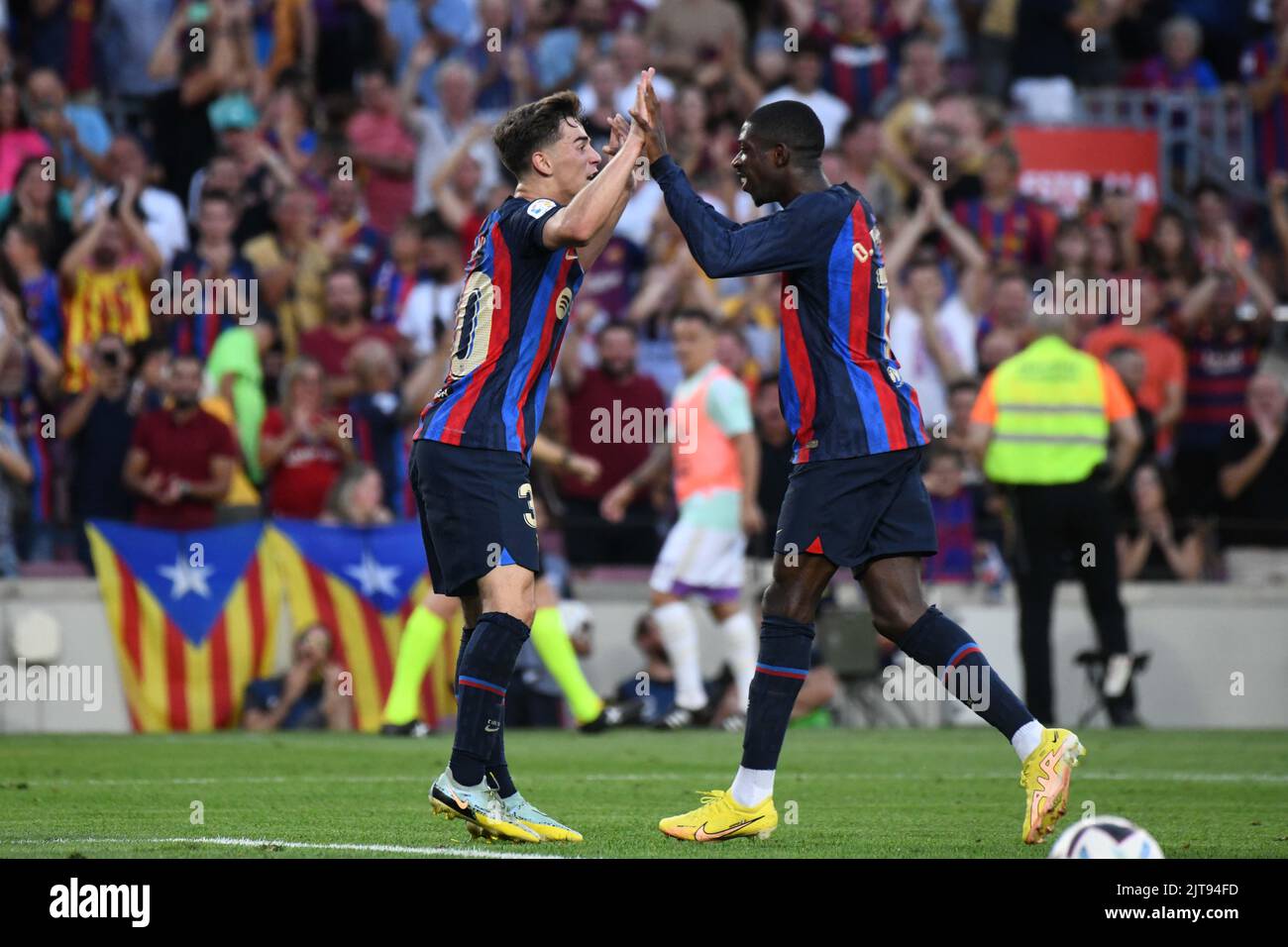 Barcelona, Spain. 28th Aug, 2022. BARCELONA, SPAIN - AUGUST 28: Gavi of FC Barcelona celebrates after his team scoring a goal during La Liga match between FC Barcelona  and Real Valladolid CF at Barcelona on August 28, 2022 in Spotify Camp Nou Stadium, England. (Photo by Sara Aribó/PxImages) Credit: Px Images/Alamy Live News Stock Photo