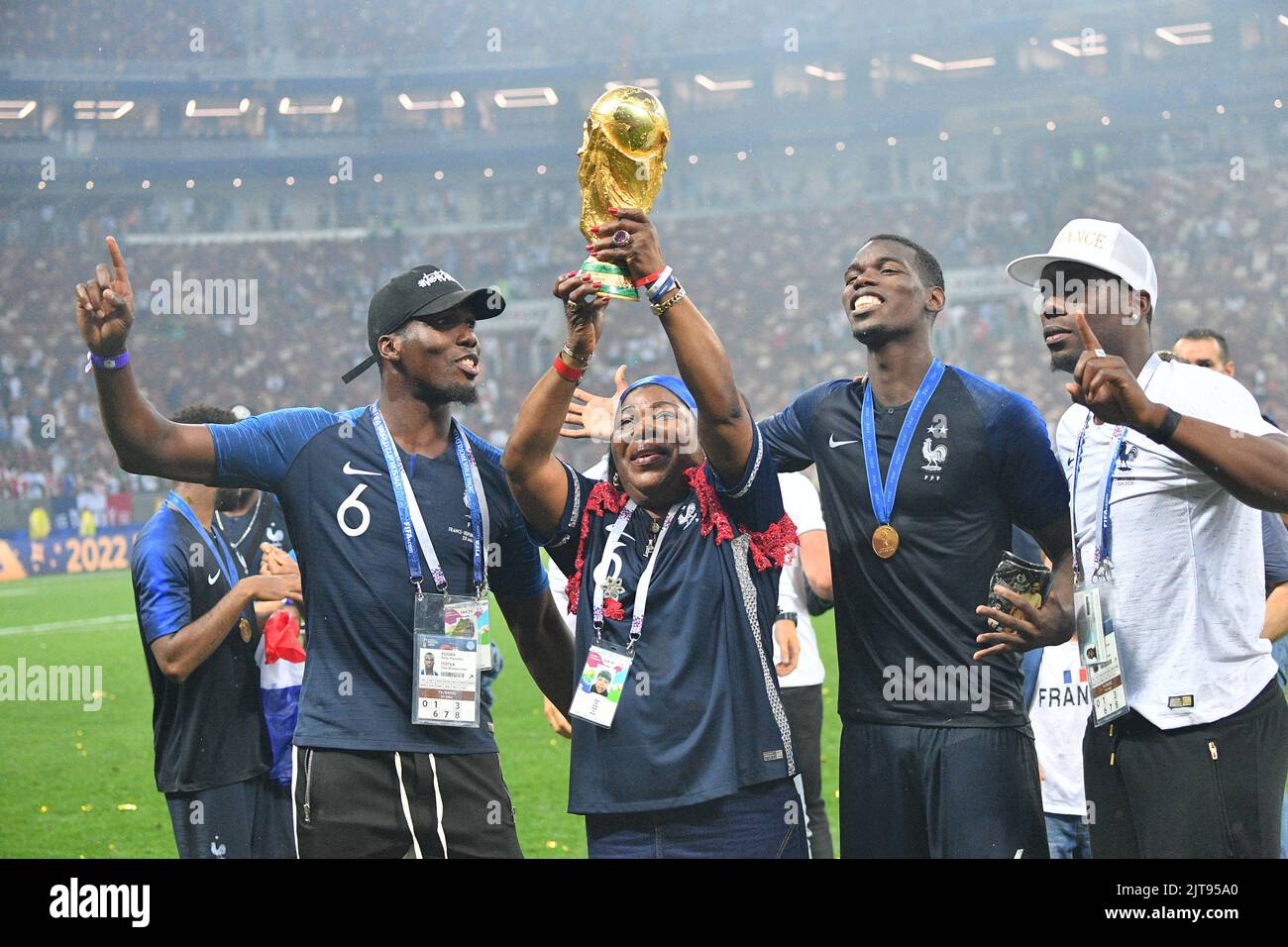 File photo dated July 15, 2018 of France's Paul Pogba, his mother Yeo Moriba, and his brothers Mathias and Florentin hold the trophy after winning 4-2 the 2018 FIFA World cup final football match France v Croatia at Luzhniki stadium in Moscow, Russia. Former Manchester United midfielder Paul Pogba claims he is being threatened and targeted for extortion by gangsters. Pogba’s allegations followed his brother Mathias, who spent two years playing for Wrexham between 2010 and 2012, publishing a video online promising “great revelations” about the Juventus star and his agent Rafael Pimenta. Pimenta Stock Photo