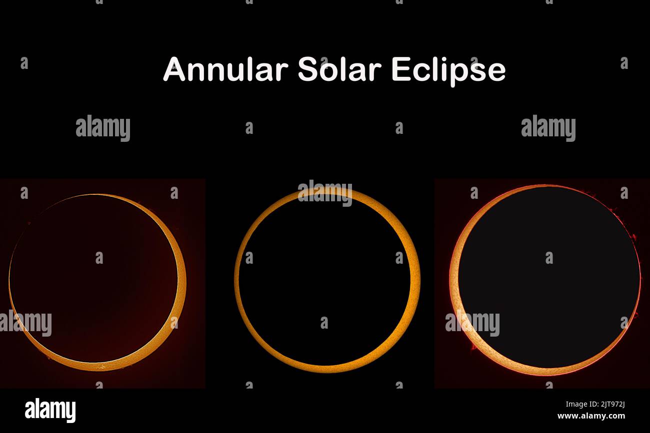 Annular solar eclipse phases isolated on black background. Elements of