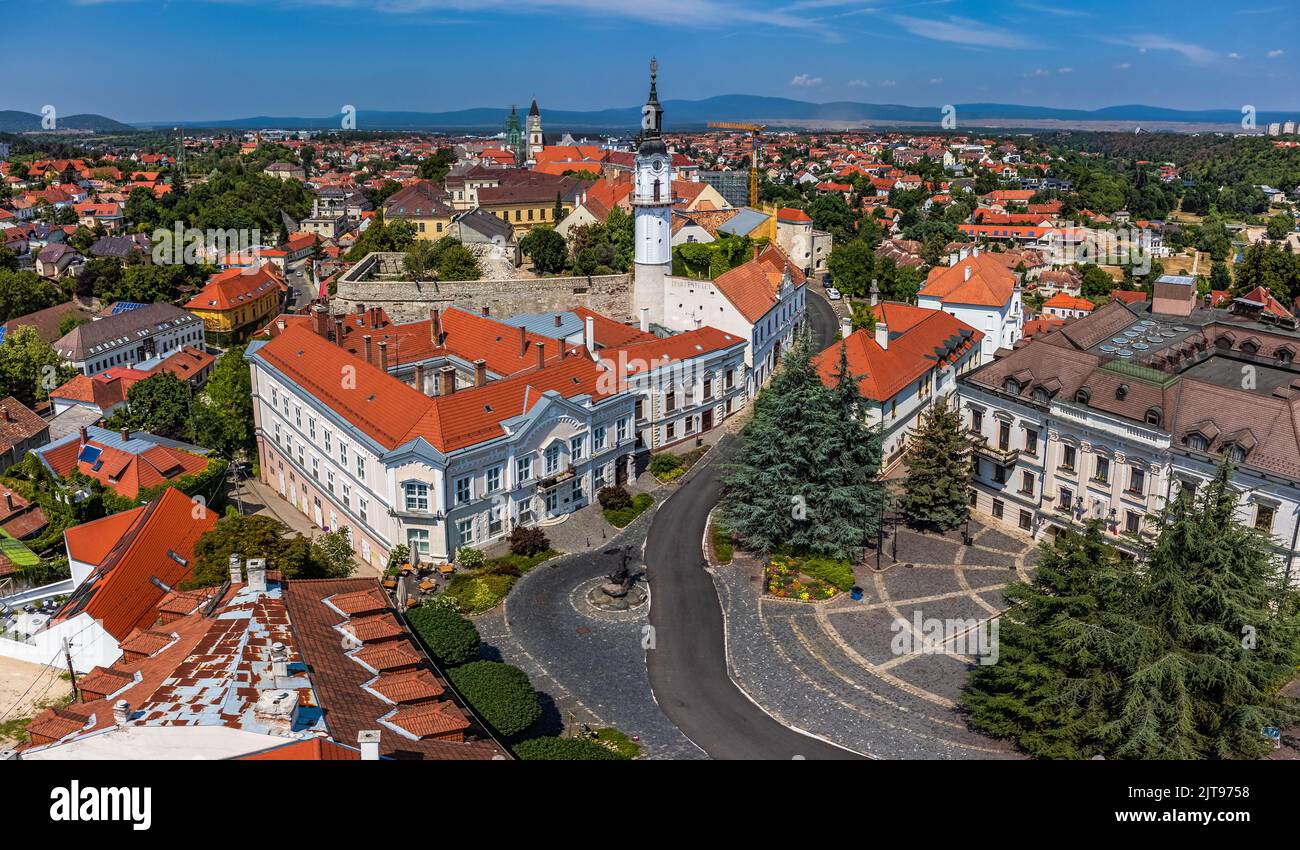 Veszprem, Hungary - Aerial panoramic view of the castle district of Veszprem with city hall building at Ovaros square and Fire-watch tower on a bright Stock Photo