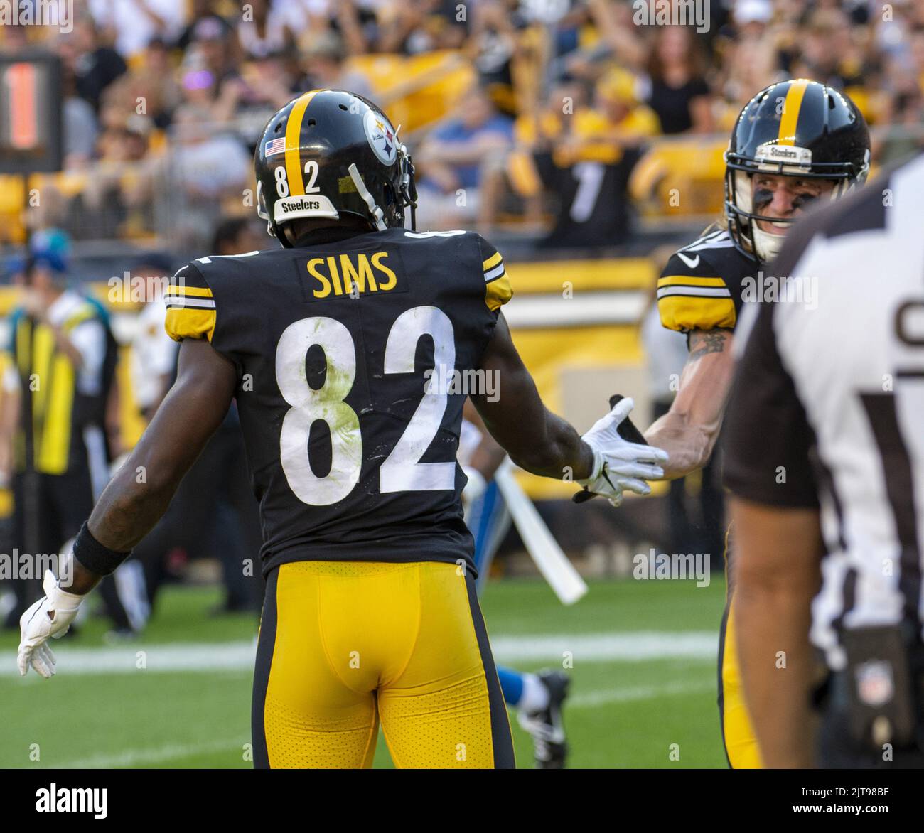 Pittsburgh Steelers wide receiver Steven Sims (82) runs the ball during the  first half of an NFL football game against the Atlanta Falcons, Sunday,  Dec. 4, 2022, in Atlanta. The Pittsburgh Steelers