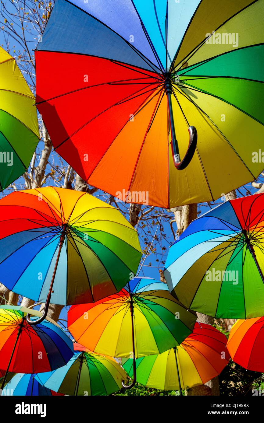 Colorful rainbow umbrella street decoration for background Stock Photo