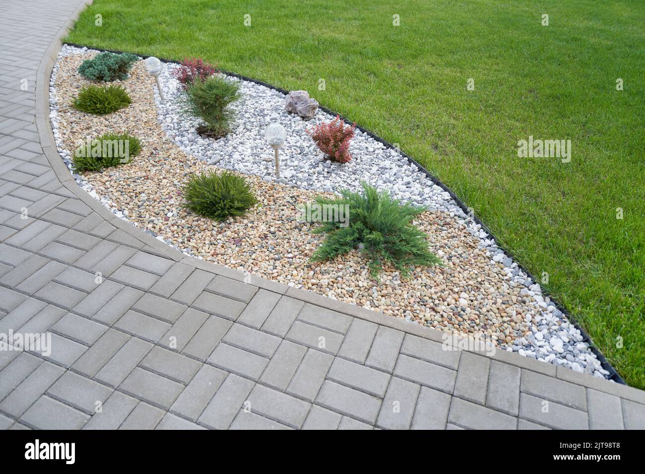 Landscaping in the garden with stones and coniferous bushes of Thuja along a pavement Stock Photo