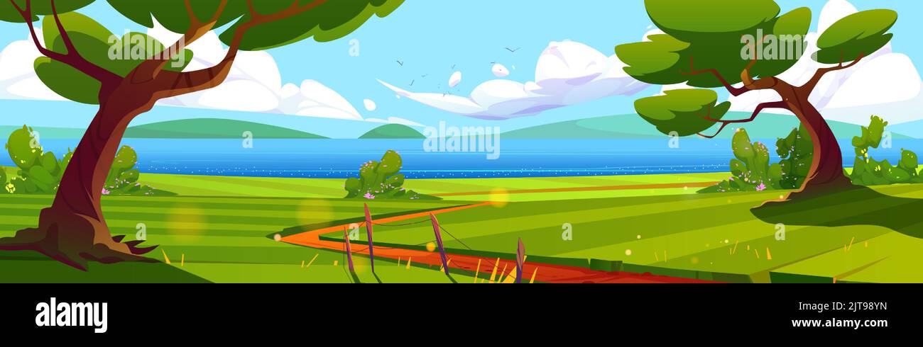 Summer landscape with blue lake and green field vector illustration. Cartoon trees on river bank, footpath leading to water, birds flying high in sunny sky and hills on horizon. Beautiful nature Stock Vector