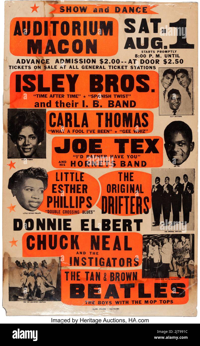 Beatles, the boys with the mop tops - also Isley Bros. Drifters Chuck Neal, Joe Tex etc. Auditorium Macon Concert Poster (Sat. Aug 1964) Stock Photo