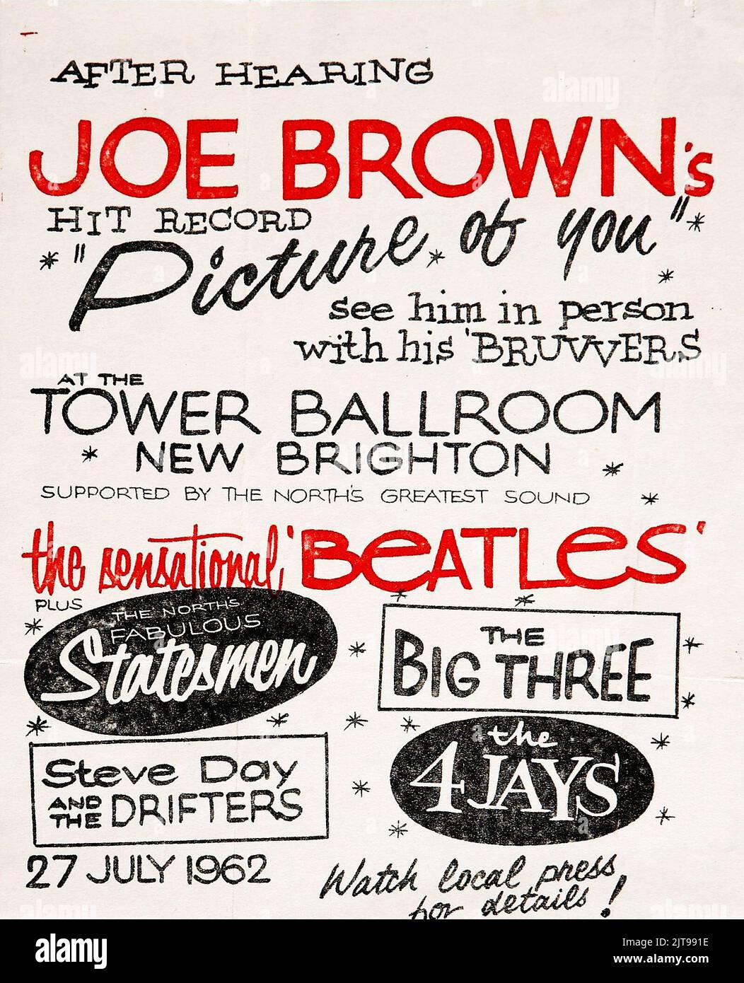Joe Brown - The Sensational Beatles Tower Ballroom Concert Handbill (1962) Stock Photo