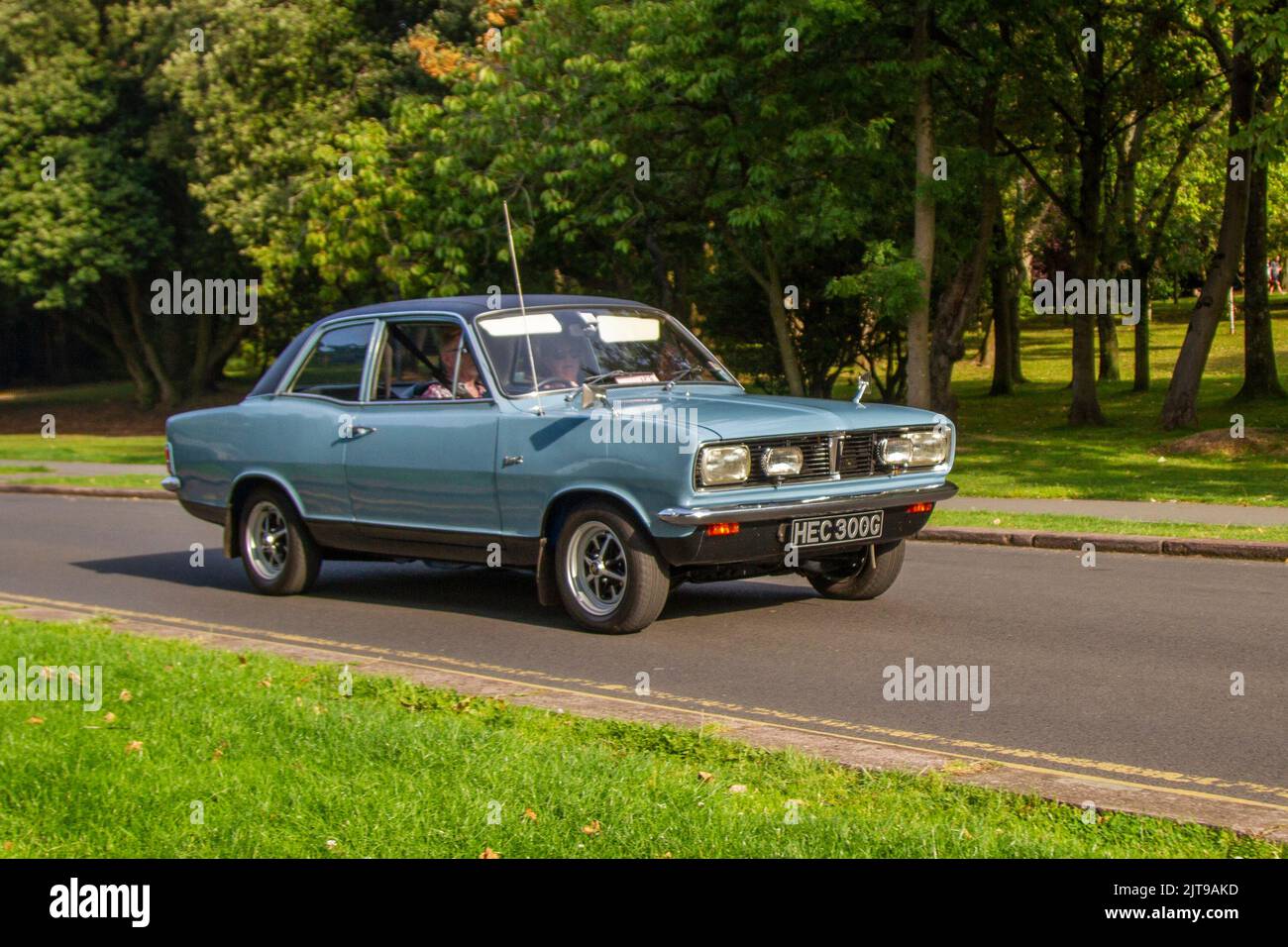 1969 60s sixties Blue VAUXHALL VIVA 1589cc; arriving at the annual Stanley Park Classic Car Show in the Italian Gardens. Stanley Park classics yesteryear Motor Show Hosted By Blackpool Vintage Vehicle Preservation Group, UK. Stock Photo