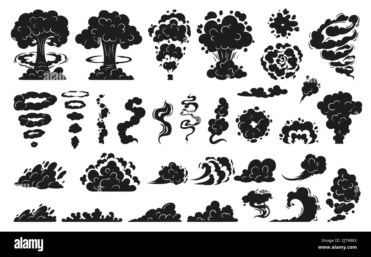 Smoke and clouds vector Silhouette illustrations set. Sketched flames