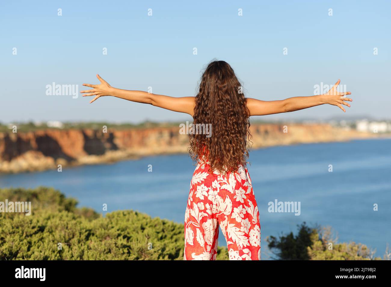 Back view portrait of a woman in red outstretching arms on the beach cliff Stock Photo