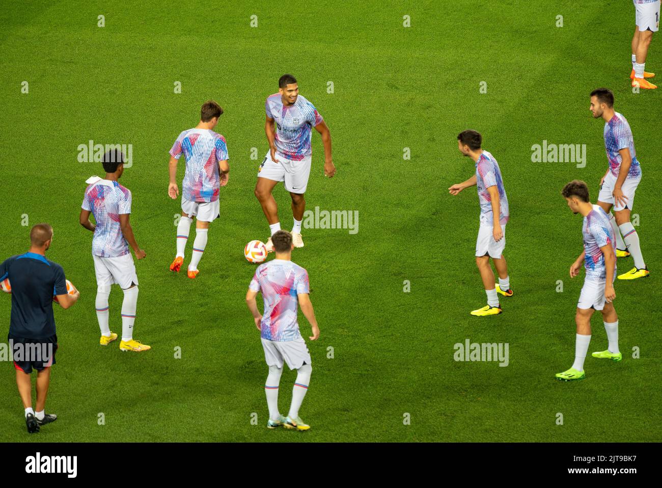 Manchester City Barcelona Players of Xavi's FC Barcelona (Barça) warming up for the match against