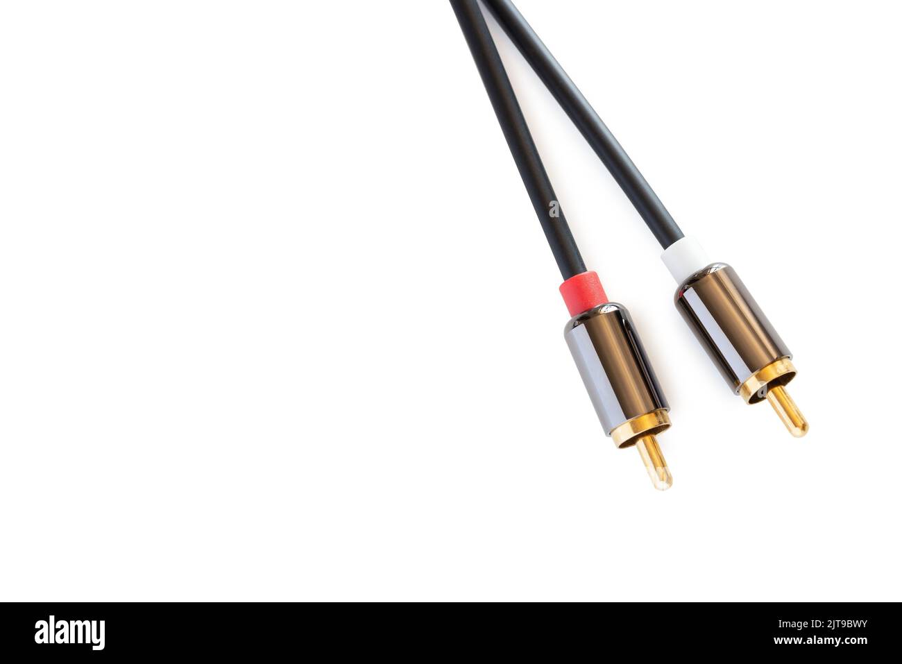 Gold-plated audio cable RCA to Jack 3.5 mm, isolated on white background Stock Photo