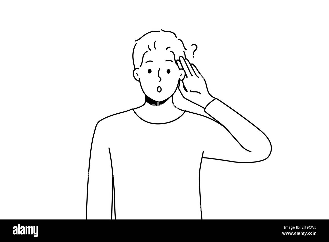 Young man make hand gesture listening to news on information. Confused male wonder about gossip or hearsay. Vector illustration.  Stock Vector