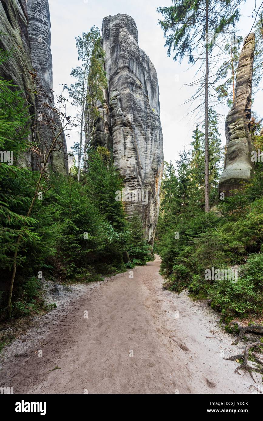 Adrspasske skaly rock town with rock towers and hiking trail in Czech republic Stock Photo