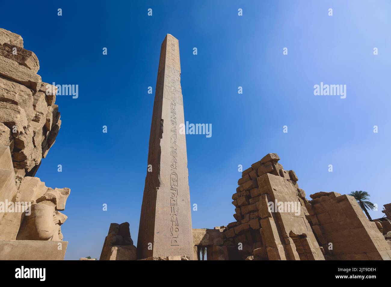 View to the Ancient Egyptian Ruins of Obelisk of Thutmosis I in Karnak Temple Complex near Luxor, Egypt Stock Photo