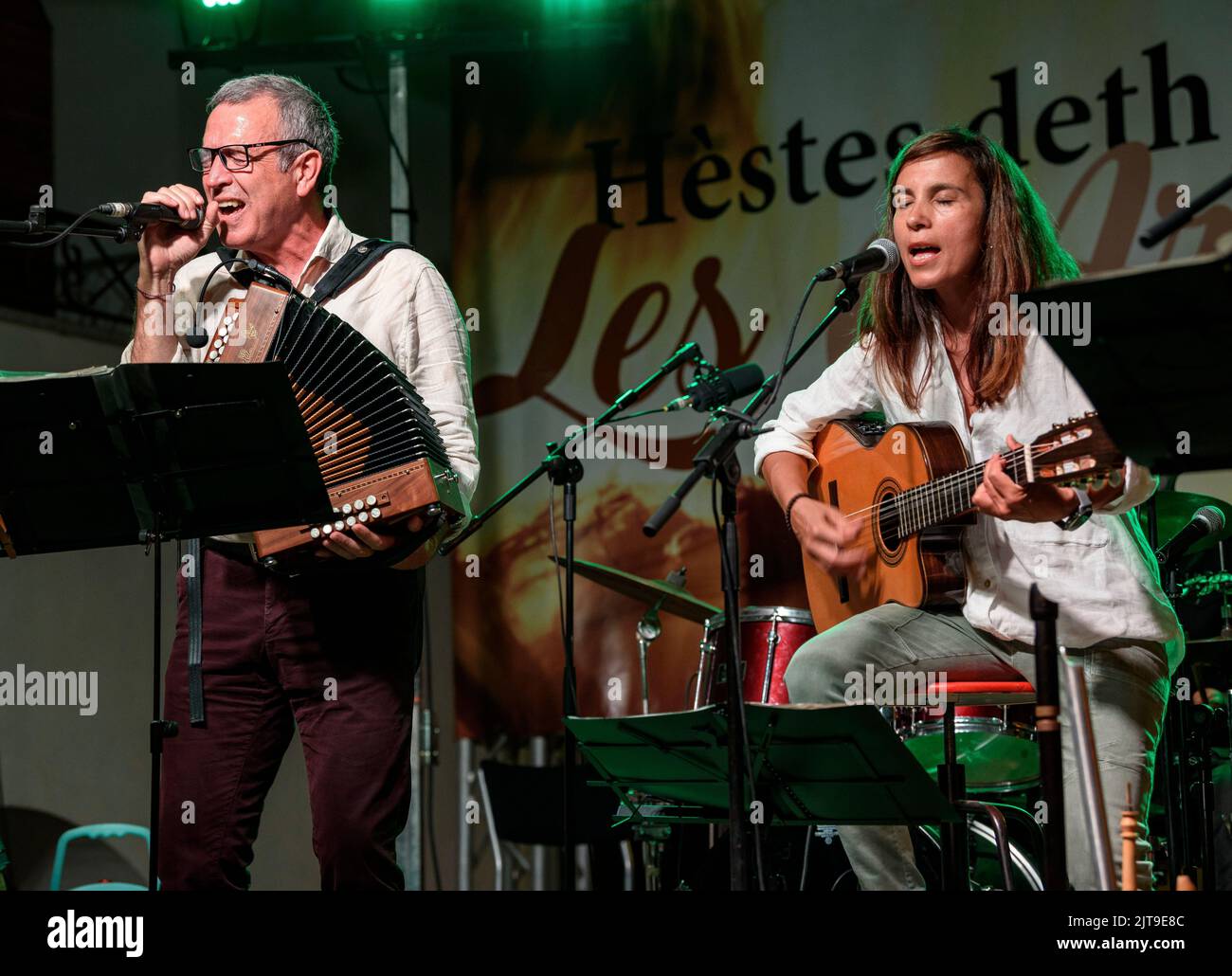 Concert by the Aranese group Sarabat, based on traditional Occitan folk music in Les (Aran Valley, Lleida, Catalonia, Spain) Stock Photo
