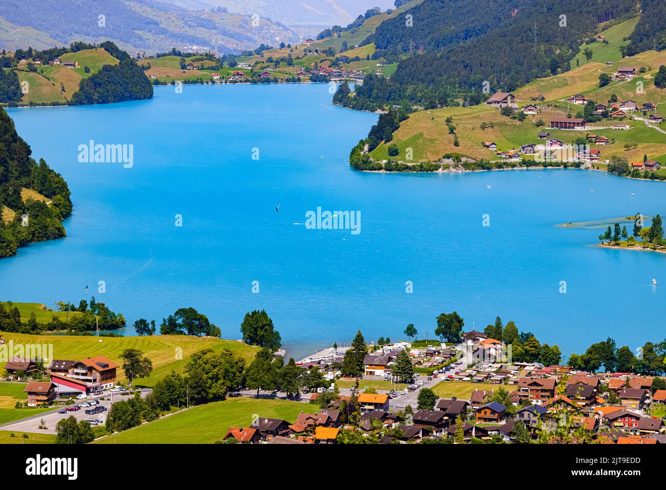 The famous Chalrutirank viewpoint overlooking Lungern, a municipality and place in the Swiss canton of Obwalden. Lungern is located on Lake Lungern an Stock Photo