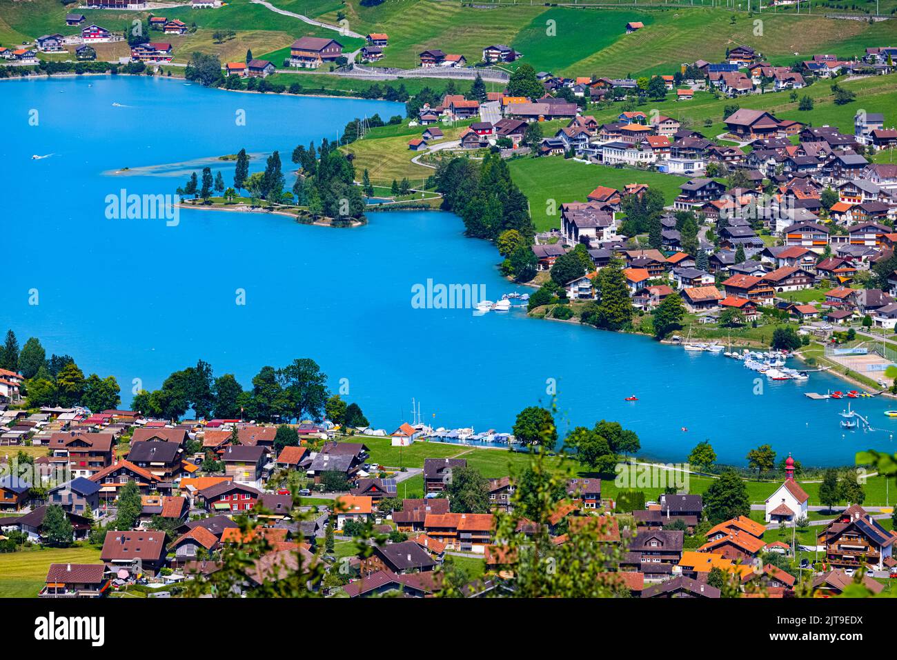 The famous Chalrutirank viewpoint overlooking Lungern, a municipality and place in the Swiss canton of Obwalden. Lungern is located on Lake Lungern an Stock Photo