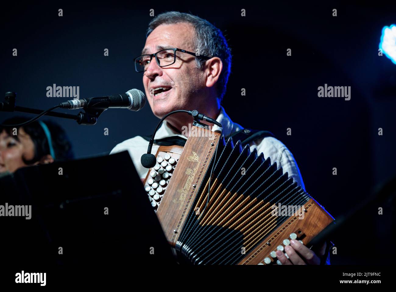 Concert by the Aranese group Sarabat, based on traditional Occitan folk music in Les (Aran Valley, Lleida, Catalonia, Spain) Stock Photo