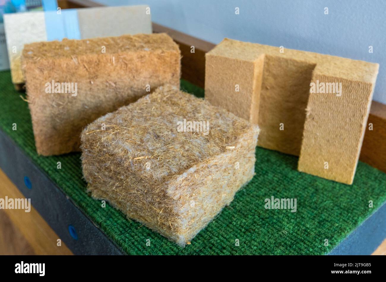 18 August 2022, Mecklenburg-Western Pomerania, Gülzow-Prüzen: Insulation materials made from renewable raw materials can be seen at the Agency for Renewable Resources. Photo: Jens Büttner/dpa Stock Photo
