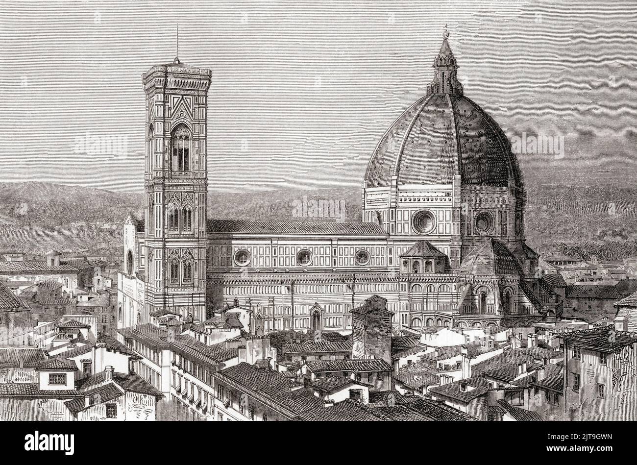 Florence Cathedral, formally the Cattedrale di Santa Maria del Fiore, Florence, Tuscany, Italy, seen here in the 19th century. Building of the Cathedral began in 1296 and was completed in 1436 in the Gothic style to a design of Arnolfo di Cambio, the dome was engineered by Filippo Brunelleschi.  From Les Plus Belles Eglises du Monde, published 1861. Stock Photo
