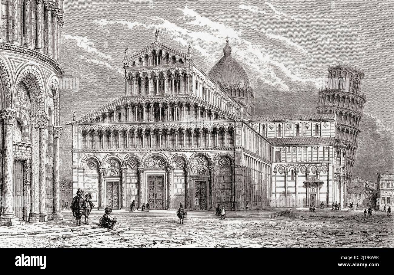 The Pisa cathedral, or Duomo, and its belltower (campanile) known as the Leaning Tower of Pisa. Pisa, Tuscany, Italy, seen here in the 19th century.  Campo dei Miracoli, or Field of Miracles.  Also known as the Piazza del Duomo. The 11th century Cathedral was designed by architects Buscheto and Rainaldo in the Pisan Romanesque style.  Designed by Bonanno Pisano in the Romanesque style, construction began on the Leaning Tower in 1173 and was completed in 1372. From Les Plus Belles Eglises du Monde, published 1861. Stock Photo