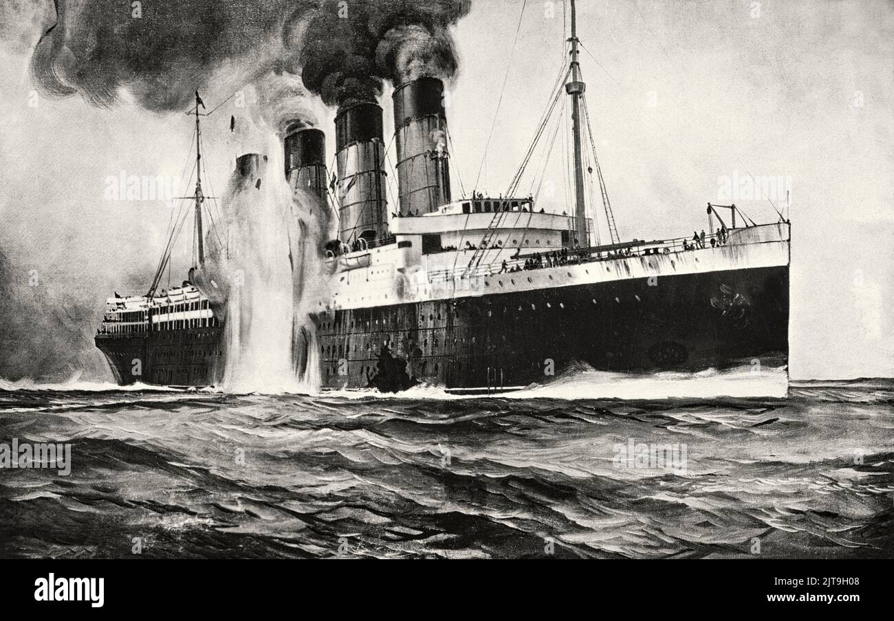 An artist's impression of R.M.S. Lusitania,  passenger liner as a second torpedo hits behind a gaping hole in the hull. During a trans-Atlantic crossing on 7 May 1915, bound for Liverpool from New York she was just 11 miles (18 km) off off Kinsale Head, Ireland, when she was sunk  by a German U-boat. Of the 1,962 passengers and crew aboard Lusitania at the time of the sinking, 1,198 lost their lives. Stock Photo