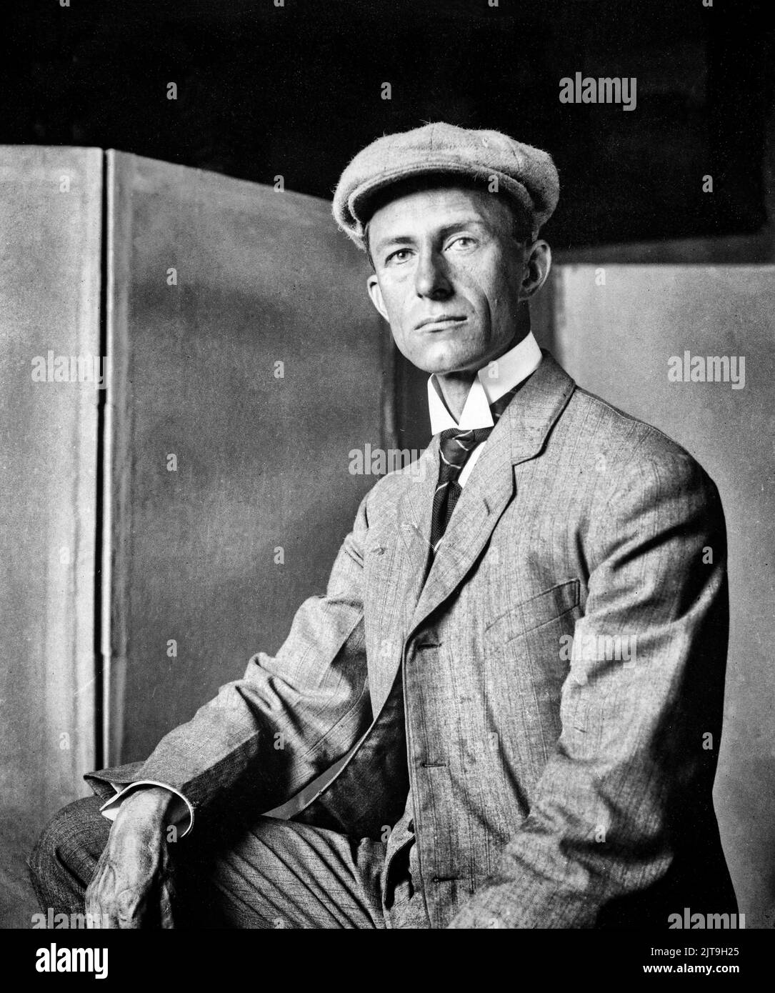 A portrait of Wilbur Wright (1867-1912), who with his brother Orville, together known as the Wright brothers, were American aviation pioneers generally credited with inventing, building, and flying the world's first successful motor-operated airplane. They made the first controlled, sustained flight of a powered, heavier-than-air aircraft with the Wright Flyer on December 17, 1903, 4 mi (6 km) south of Kitty Hawk, North Carolina. Stock Photo
