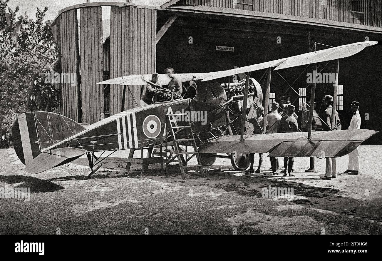 A Bristol F.2B Fighter, a British First World War two-seat biplane fighter and reconnaissance aircraft often simply called the Bristol Fighter, or 'Biff'. The F.2B version proved to be a manoeuvrable aircraft that was able to hold its own against single-seat fighters while its robust design ensured that it remained in military service into the early 1930s. Stock Photo